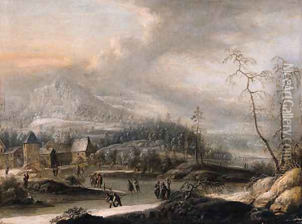 Peasants and skaters on a frozen waterway in a mountainous landscape Oil Painting - Johann Christian Vollerdt or Vollaert