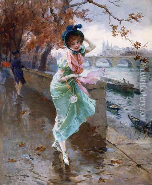 Elegant Lady on the Quay of Paris Oil Painting - Daniel Hernandez