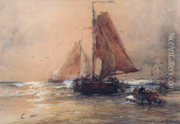 Fisher Folk And Sailing Vessels Off The Coast Oil Painting - Dudley Hardy