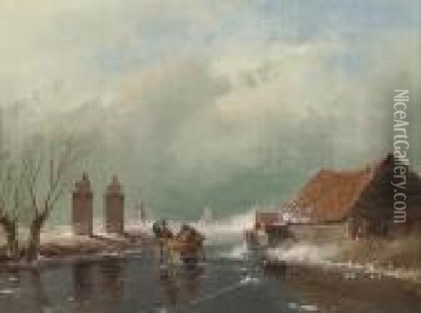 Skaters On A Dutch Waterway Oil Painting - Andreas Schelfhout