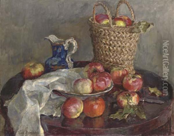 Still Life With A Basket Of Apples Oil Painting - Ilya Ivanovich Mashkov
