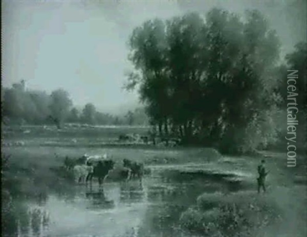A Figure Fishing And Cattle Grazing By The River Before     Haddon Fall Oil Painting - Walter Henry Pigott