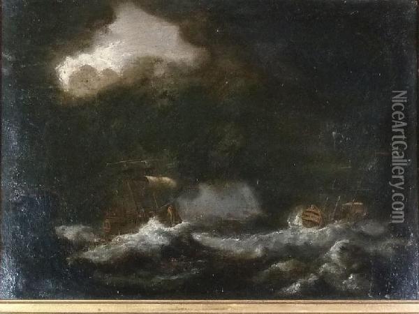 Two Galleons At Sea In A Violent Storm Oil Painting - Ludolf Bakhuyzen