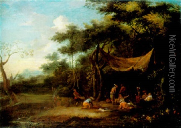 Wooded Landscape With Elegant Company Merrymaking In A Clearing Oil Painting - Johannes Jakob Hartmann