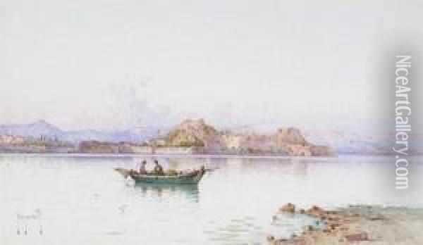 The Citadel On The Bay Of Castrades, Corfu Oil Painting - Spyridon Scarvelli