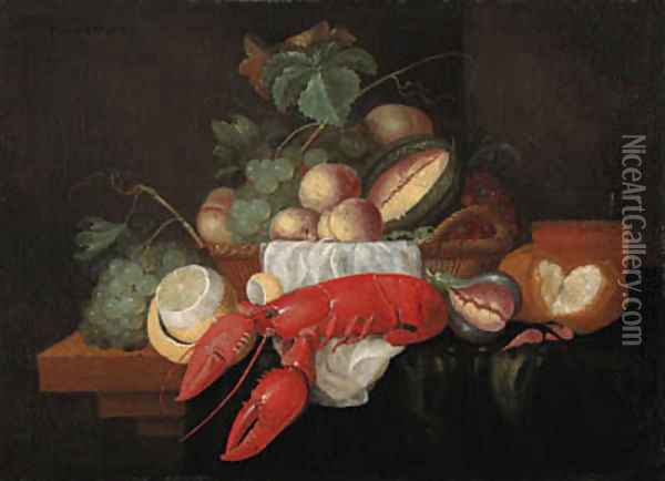 Peaches, grapes and other fruit in a basket, a partly peeled lemon, a crayfish and other objects on a partly draped ledge Oil Painting - Wouter Mertens