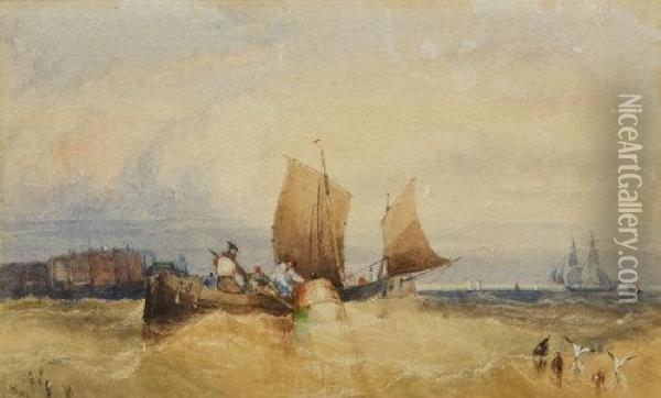 Luggers Off The Coast Oil Painting - William Henry Stopford