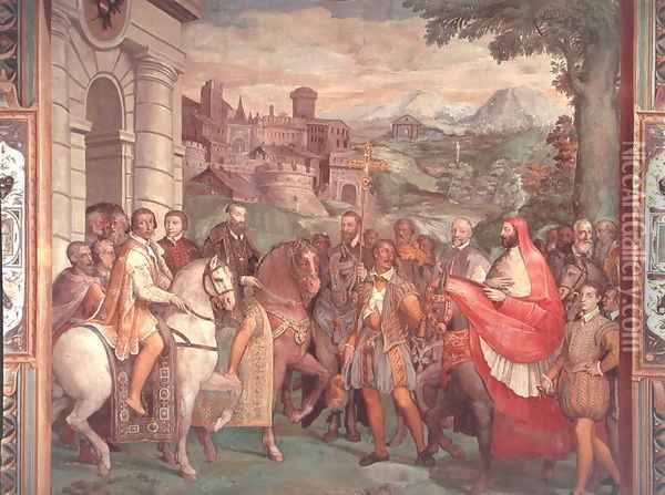 Charles V (1500-58) with Alessandro Farnese (1546-92) at Worms, from the Sala dei Fasti Farnese (Hall of the Splendors of the Farnese), 1557-66 Oil Painting - Taddeo Zuccaro