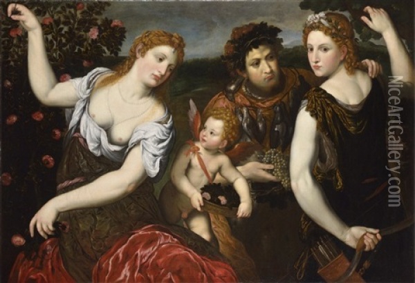 Venus, Cupid, Bacchus And Diana Oil Painting - Paris Bordone