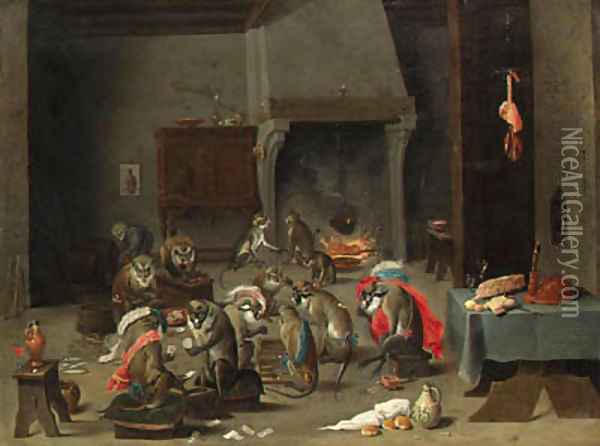 A Tavern Interior with Monkeys playing Cards and Backgammon Oil Painting - David The Younger Teniers