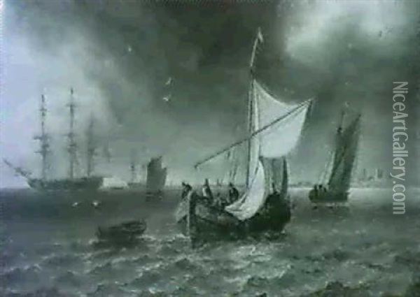 Fishing Vessels And Other Shipping Off A Coast Oil Painting - Thomas Luny