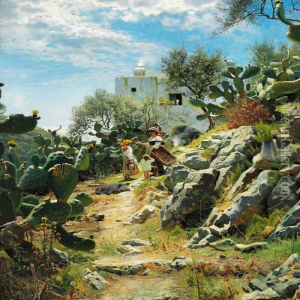 Ved Middagstid I En Cactusplantage Paa Capri. Oil Painting - Peder Mork Monsted