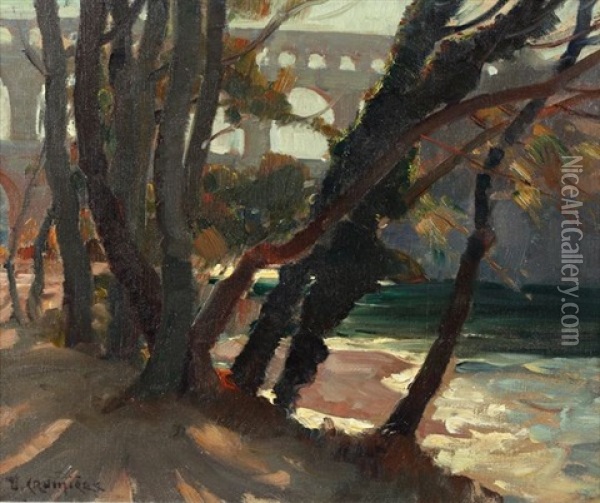 Le Pont Du Gard Vu De Derriere Les Arbres Oil Painting - Victor Crumiere