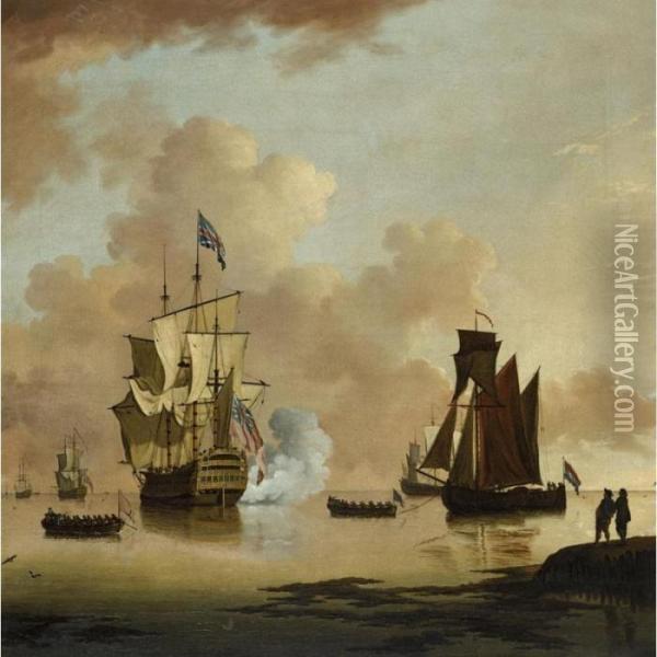 A British Man Of War Firing A Salute, With A Dutch Barge Off The Coast Oil Painting - Francis Swaine