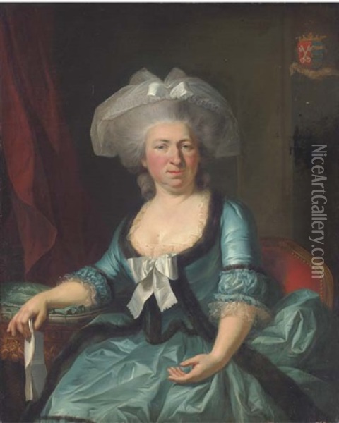 Portrait Of A Lady, Seated Three-quarter-length, In A Blue Silk Dress With A Fur Trim, A Letter In Her Right Hand Oil Painting - Alexander Roslin