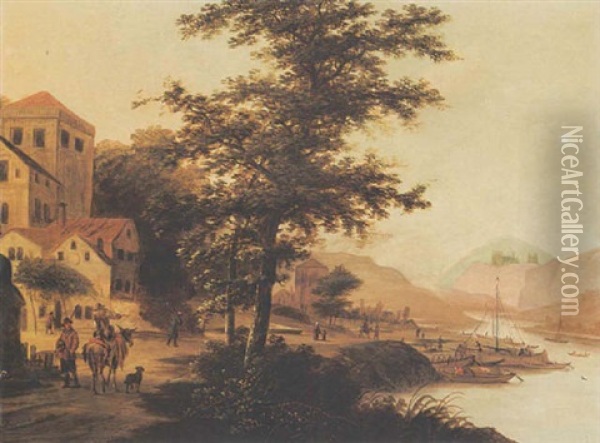 A River Landscape With Fishing Boats Unloading And Travellers On A Path Near A Village Oil Painting - Claes Jansz van der Willigen