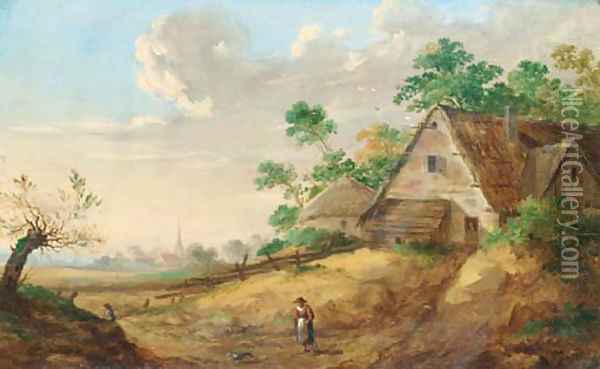 A peasant woman on a path, a farm and a village in the distance Oil Painting - Jan van Os