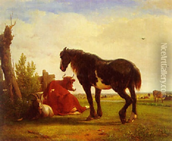 Cattle In A Meadow Oil Painting - Joseph Jodocus Moerenhout