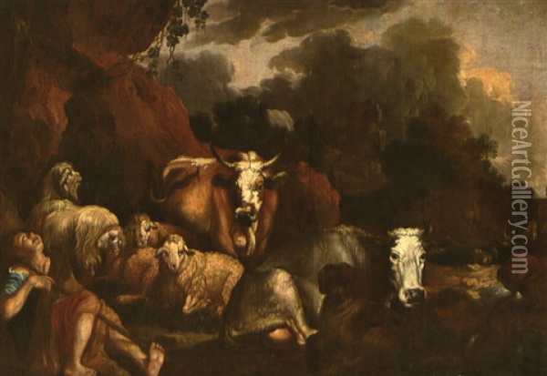 Hirtenidylle Mit Schafer Und Herde Oil Painting - Johann Heinrich Roos