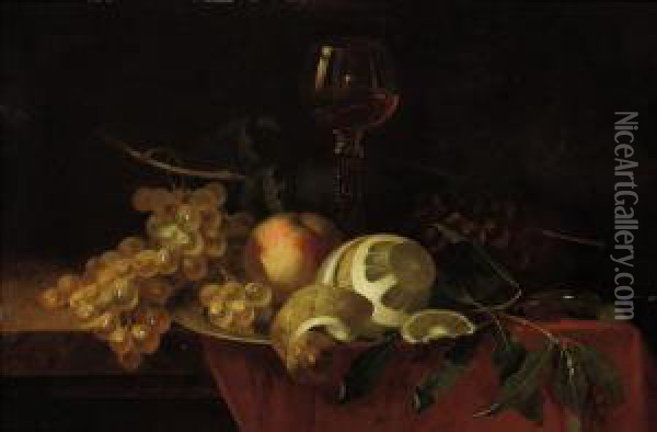 An Orange, A Peach, Grapes And A Glass Of Wine On A Salver On A Draped Table Oil Painting - P Seegers