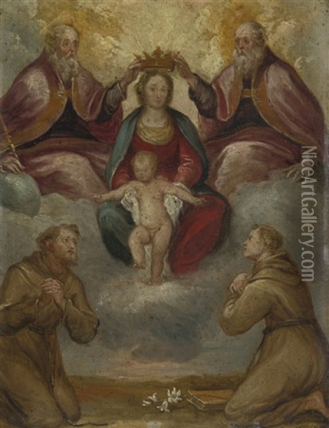 Madonna And Child Crowned By The Trinity And Adored By Franciscan Saints Oil Painting - Carlo Francesco Nuvolone