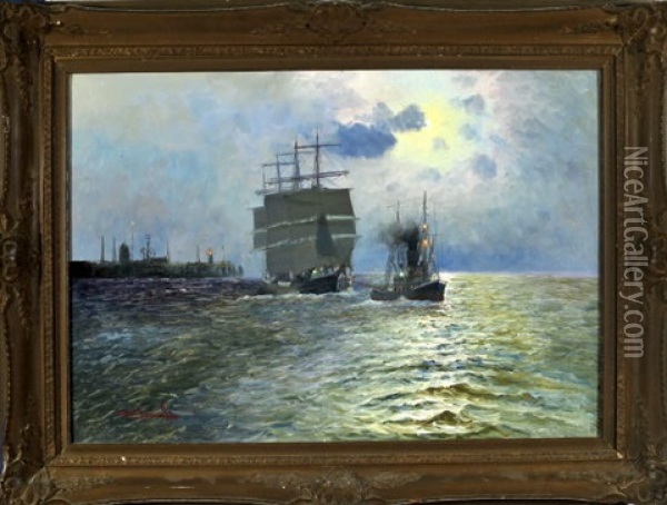 Schlepper Mit Segelschiff Im Hafen Von Cuxhaven Bei Mondschein Oil Painting - Alfred Serenius Jensen