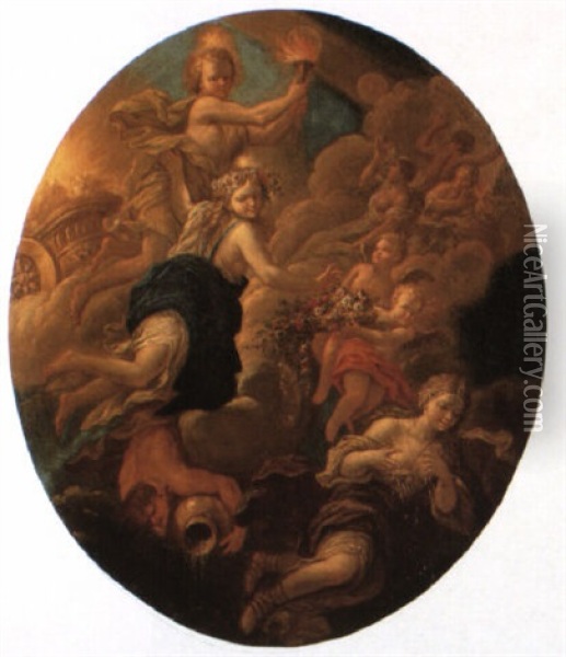 Apollo, Flora, Juno And Other Classical Deities In The Heavens Oil Painting - Paolo de Matteis