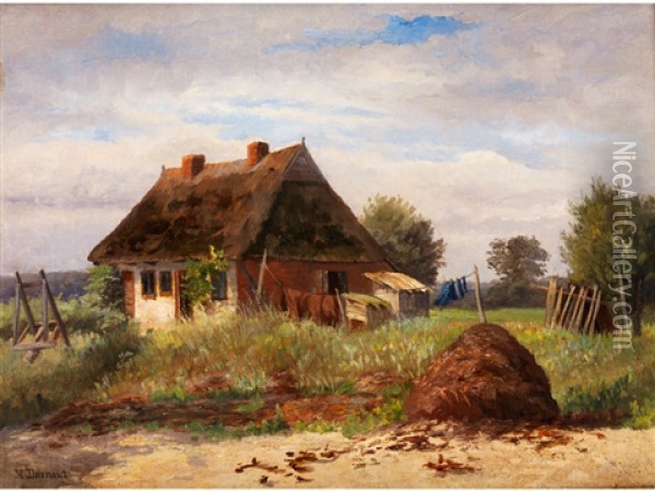 Bauernhaus Mit Strohdach, Wiese Und Aufgehangten Waschestucken Oil Painting - Hugo Darnaut
