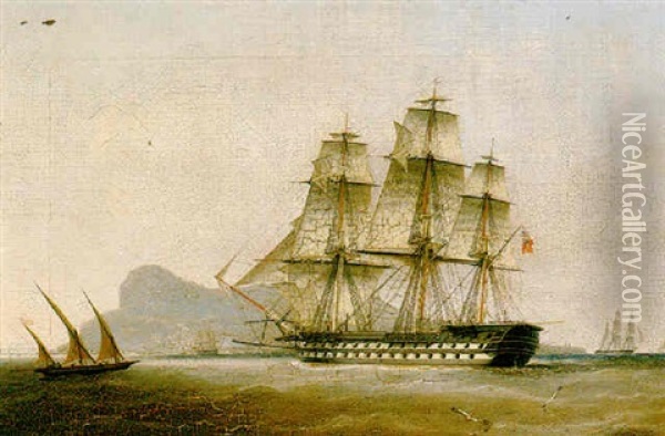 A Third Rate Ship-of-the-line Under Sail And Making For Gibraltar Oil Painting - Robert Strickland Thomas