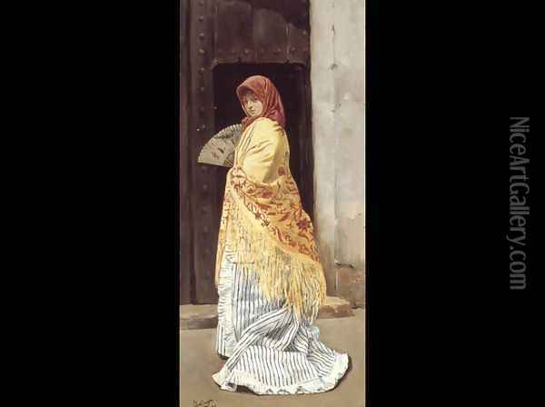 The Yellow Shawl Oil Painting - Jose Gallegos Y Arnosa