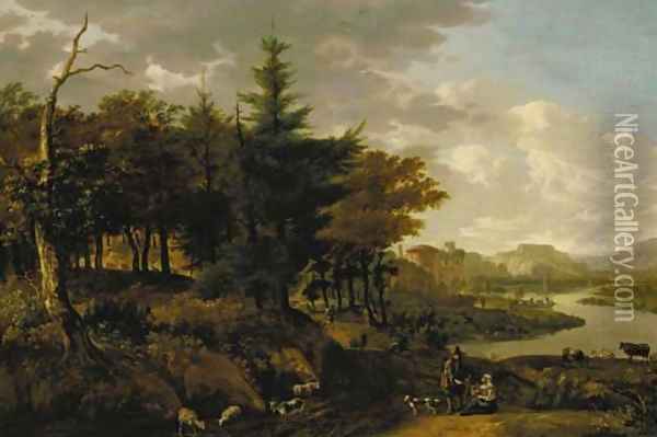 A wooded river landscape with a goatherd, travellers and ruins beyond Oil Painting - Jan Gabrielsz. Sonje