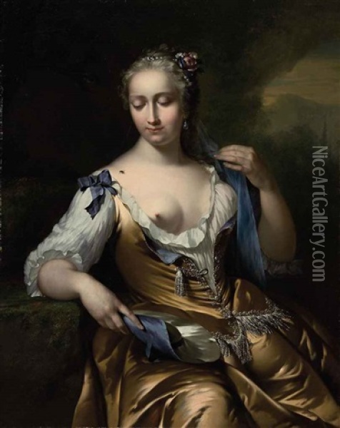 A Lady In A Landscape With A Fly On Her Shoulder: An Allegory Of Touch Oil Painting - Frans Van Der Myn