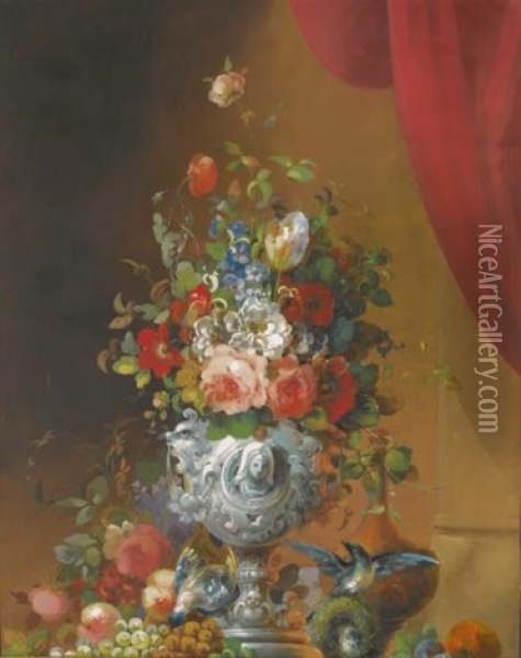 Still Life With Flowers In An Urn, Birds And Fruit On A Ledge Below Oil Painting - Anne Vallayer-Coster