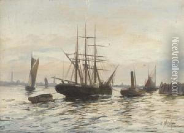 Shipping On The Lower Thames Oil Painting - Edwin Fletcher