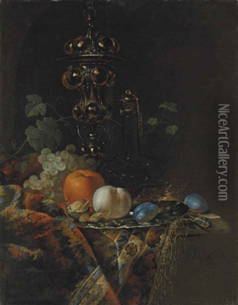 An Orange, A Peach, Plums, Hazelnuts And A Walnut On A Silver Plate, Before A Glass Decanter, Grapes, A Knife And A Silver Gilt Cup And Cover, On A Partly Draped Ledge Oil Painting - Barend van der Meer