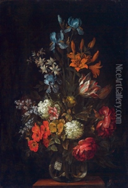Ein Blumenstraus Mit Rosen, Schneeballen, Tulpen Und Anderen Bluten Oil Painting - Heinrich Berichau