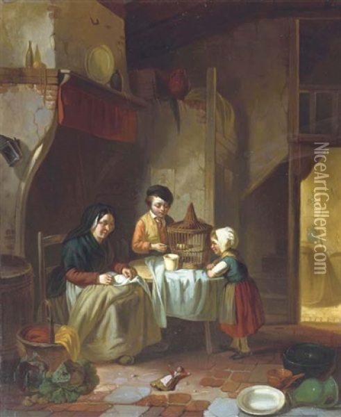 Feeding The Bird Oil Painting - Ferdinand de Braekeleer the Elder