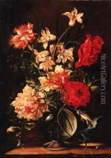 Morning Glory, Chrysanthemums, 
Carnations And Other Flowers In Aglass Vase On A Stone Ledge Oil Painting - Nicolas Baudesson