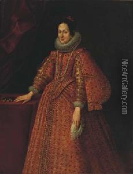 Portrait Of A Lady, Three-quarter Length, In A Red Embroidereddress Standing By A Desk Oil Painting - Alonso Sanchez Coello