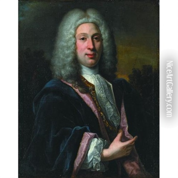 A Portrait Of A Nobleman In A Blue Cloak With Woods Beyond Oil Painting - Robert Levrac-Tournieres