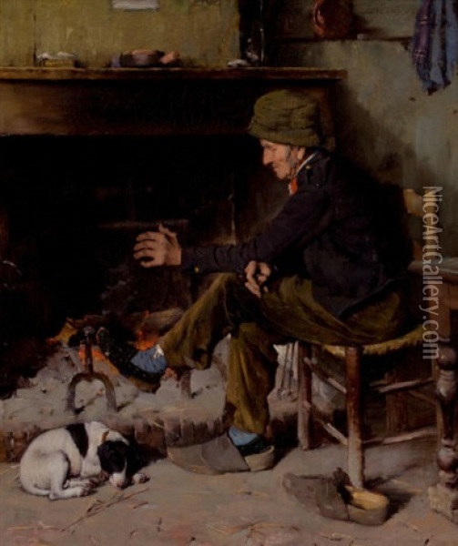 Man With His Dog Before A Hearth Oil Painting - Benjamin West Clinedinst