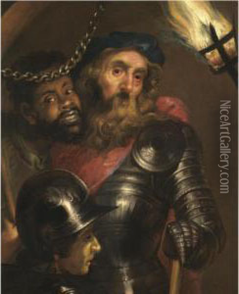 A Gentleman Wearing Armour And A Red Sash With A Moor And A Guard Oil Painting - Johann Ulrich Mayr