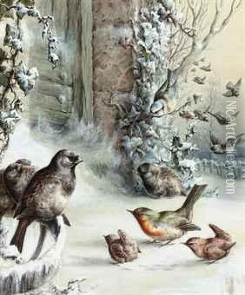 Robins And Wrens In A Winter Landscape Oil Painting - Harry Bright
