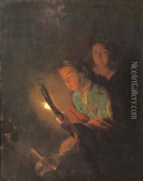 A young man blowing his torch to light a candle Oil Painting - Godfried Schalcken