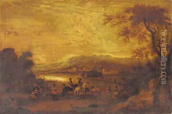 Cavalrymen approaching a riverside town Oil Painting - Jan Wyck