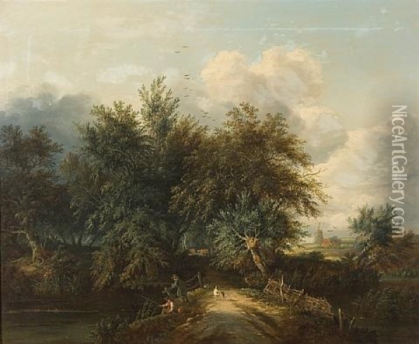 A Wooded Landscape With Anglers Oil Painting - Edward Williams