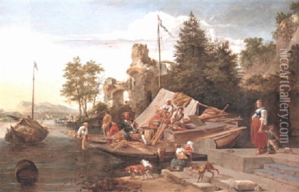Rhenish River Landscape With Basket Weavers On A Moored Boat Oil Painting - Robert Griffier