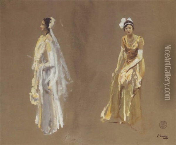 Miss Pike And Miss Pilkington: Studies For Their Majesties' Court, Buckingham Palace, 1931 Oil Painting - John Lavery