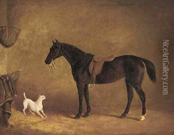 A black hunter and a dog in a stable Oil Painting - Albert Clark