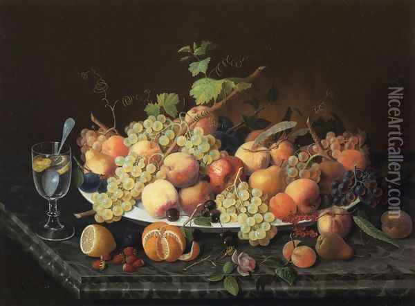 Still Life with Fruit and Glass of Lemonade Oil Painting - Severin Roesen